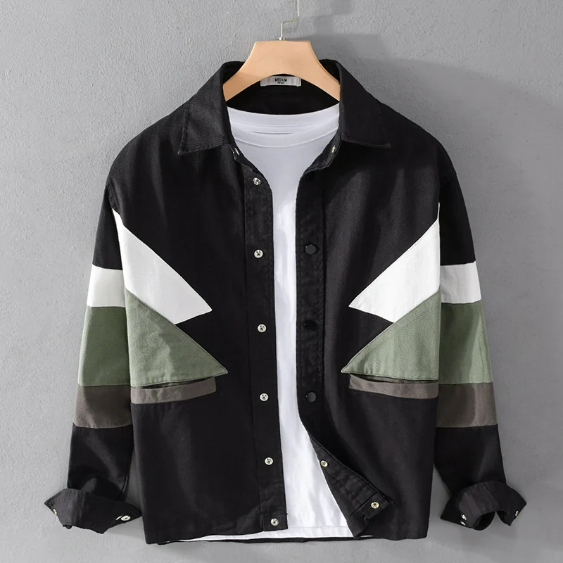 Herren Baumwoll-Overshirt im Layering-Stil mit geometrischen Colorblock-Einsätzen und Druckknopf-Leiste Drune