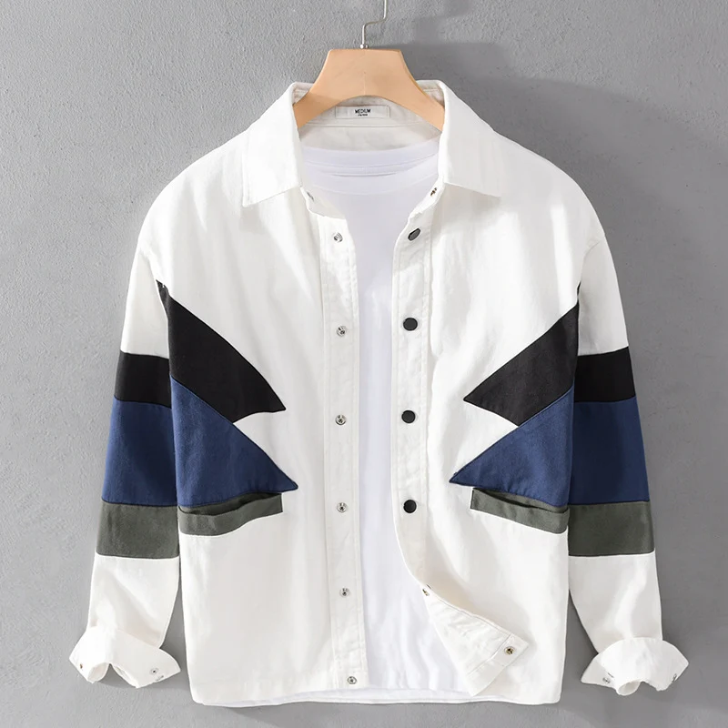 Herren Baumwoll-Overshirt im Layering-Stil mit geometrischen Colorblock-Einsätzen und Druckknopf-Leiste Drune