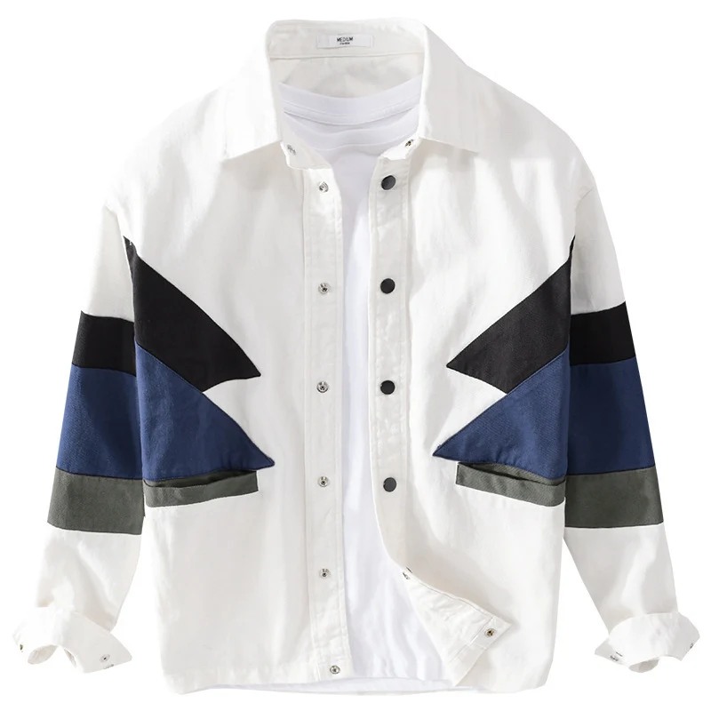 Herren Baumwoll-Overshirt im Layering-Stil mit geometrischen Colorblock-Einsätzen und Druckknopf-Leiste Drune