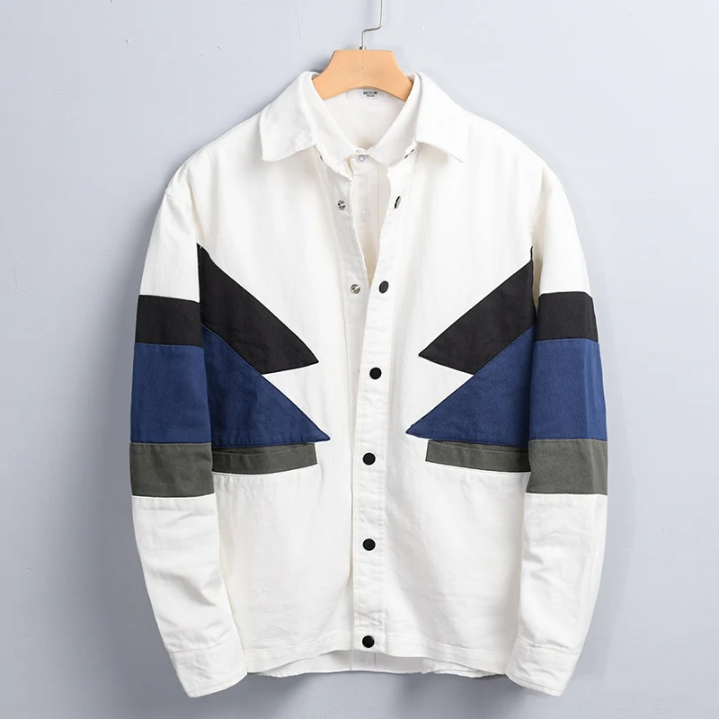 Herren Baumwoll-Overshirt im Layering-Stil mit geometrischen Colorblock-Einsätzen und Druckknopf-Leiste Drune