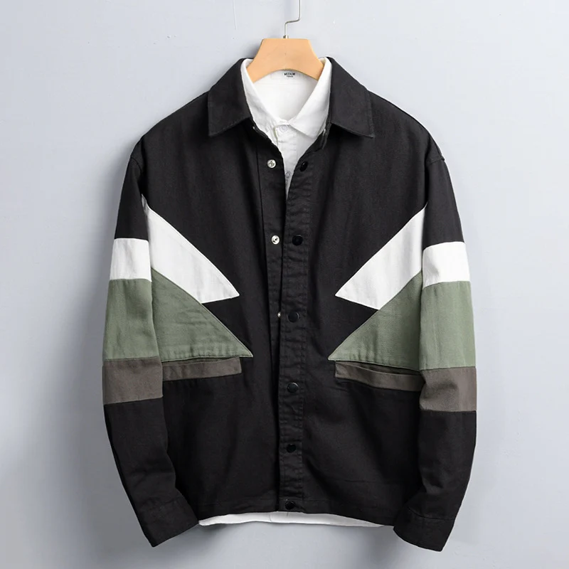 Herren Baumwoll-Overshirt im Layering-Stil mit geometrischen Colorblock-Einsätzen und Druckknopf-Leiste Drune
