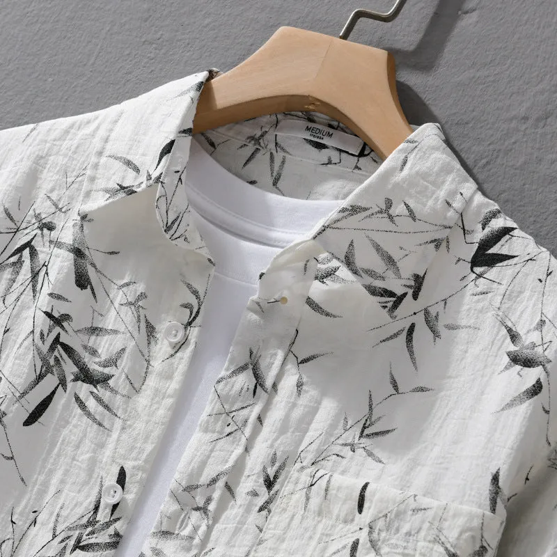 Herren Atmungsaktives Leinen-Baumwoll Hemd mit botanischem Tuschprint und Kentkragen Drune