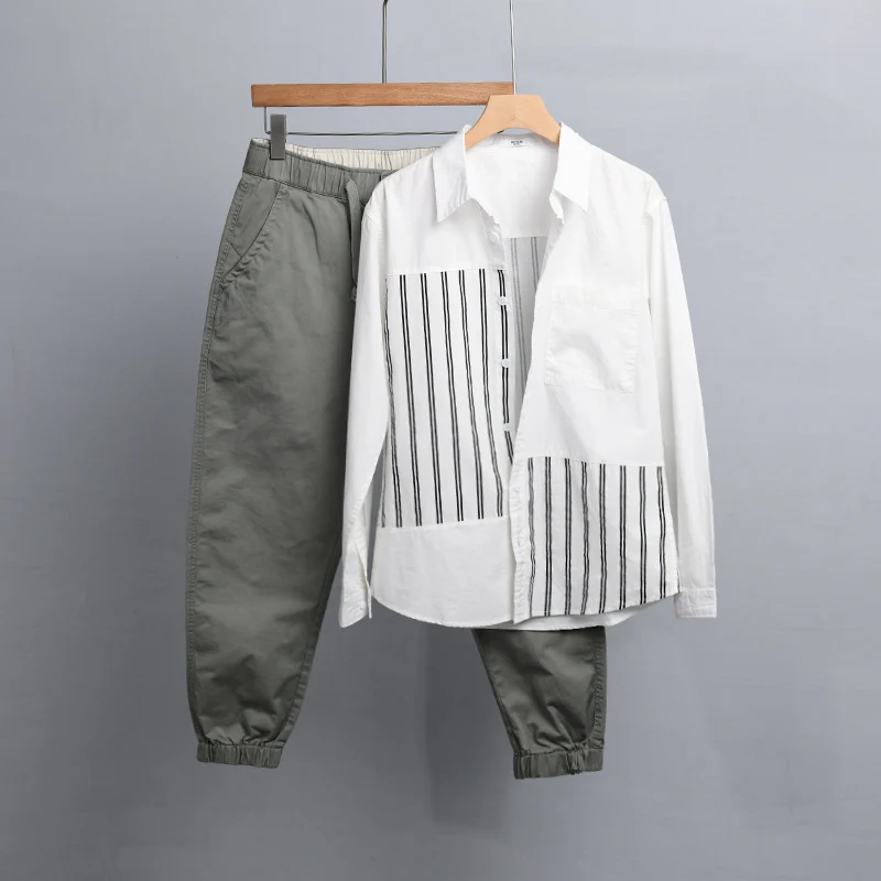 Damen Zweiteiliges Loungewear-Set mit Oversize-Hemd im Streifenpatch und elastischer Bund-Jogger Drune