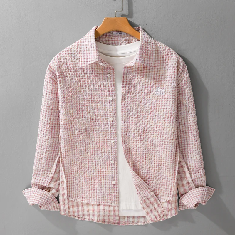 Damen Relaxed-Fit Crinkle-Hemdjacke mit feiner Gingham‑Webstruktur und dezenter Bruststickerei Drune