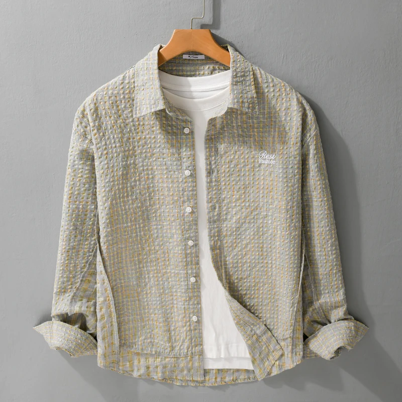 Damen Relaxed-Fit Crinkle-Hemdjacke mit feiner Gingham‑Webstruktur und dezenter Bruststickerei Drune