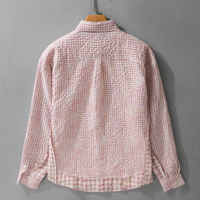 Damen Relaxed-Fit Crinkle-Hemdjacke mit feiner Gingham‑Webstruktur und dezenter Bruststickerei Drune