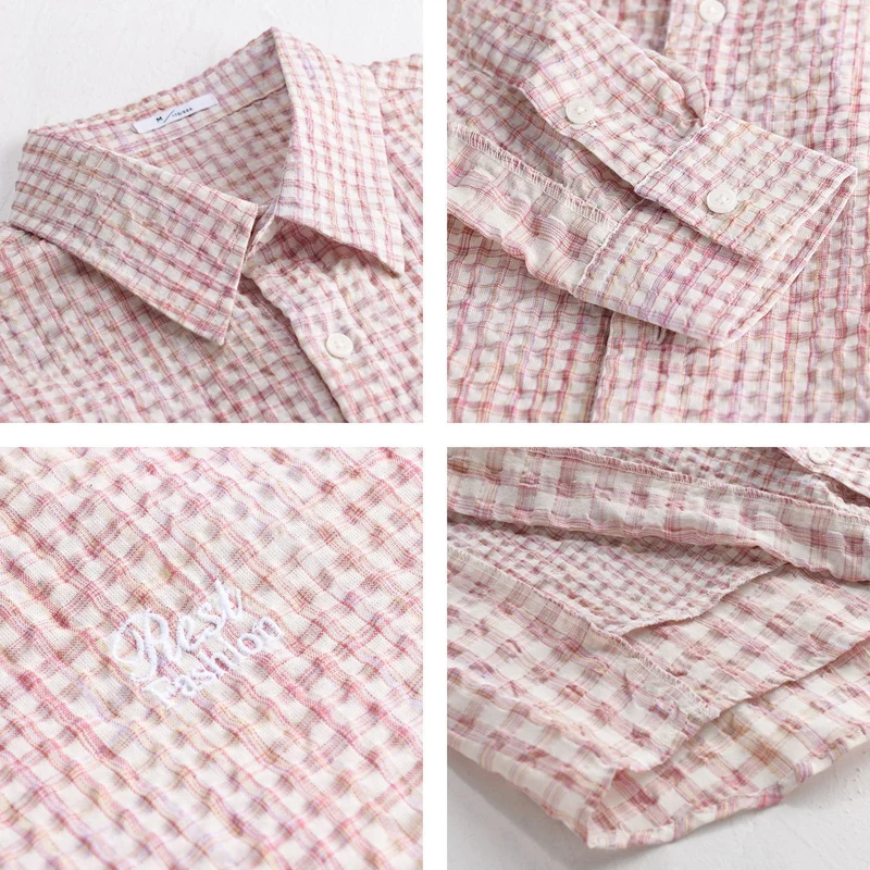Damen Relaxed-Fit Crinkle-Hemdjacke mit feiner Gingham‑Webstruktur und dezenter Bruststickerei Drune