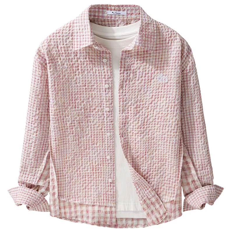 Damen Relaxed-Fit Crinkle-Hemdjacke mit feiner Gingham‑Webstruktur und dezenter Bruststickerei Drune
