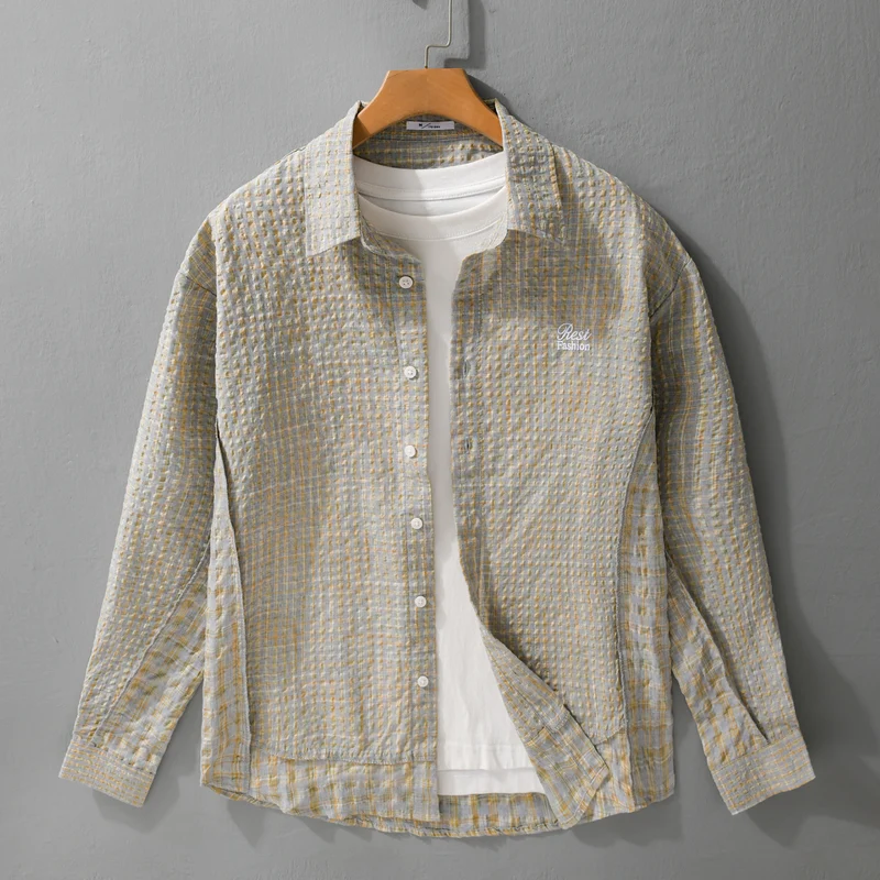 Damen Relaxed-Fit Crinkle-Hemdjacke mit feiner Gingham‑Webstruktur und dezenter Bruststickerei Drune