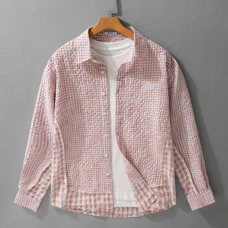 Damen Relaxed-Fit Crinkle-Hemdjacke mit feiner Gingham‑Webstruktur und dezenter Bruststickerei Drune