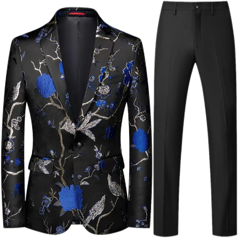 Herren Brokat-Sakko mit floralem Jacquard und Slim-Fit Anzughose Drune