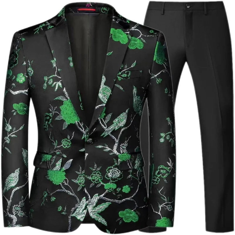 Herren Brokat-Sakko mit floralem Jacquard und Slim-Fit Anzughose Drune