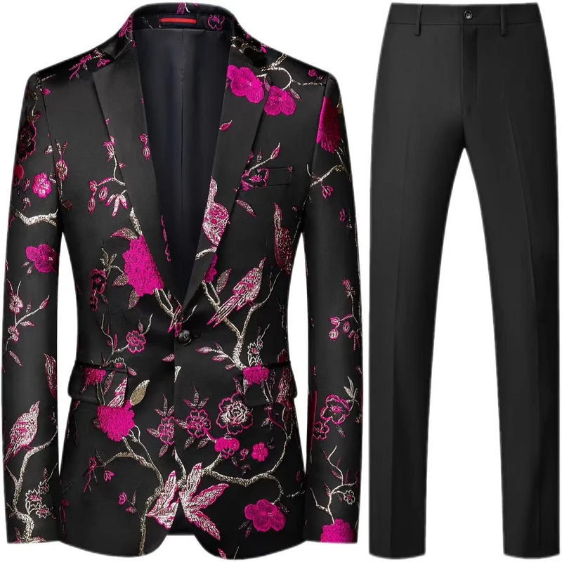 Herren Brokat-Sakko mit floralem Jacquard und Slim-Fit Anzughose Drune