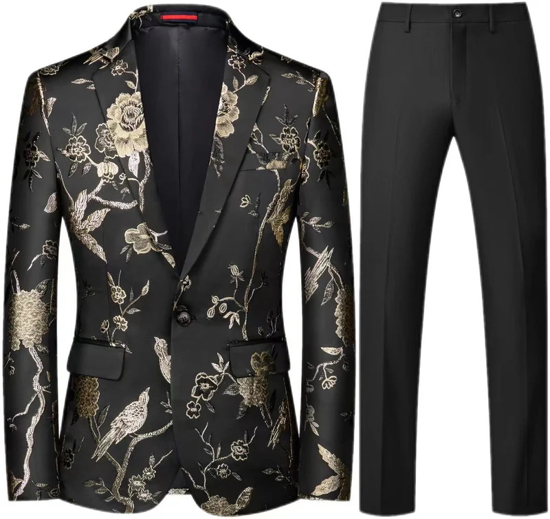 Herren Brokat-Sakko mit floralem Jacquard und Slim-Fit Anzughose Drune