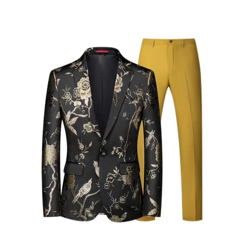 Herren Brokat-Sakko mit floralem Jacquard und Slim-Fit Anzughose Drune