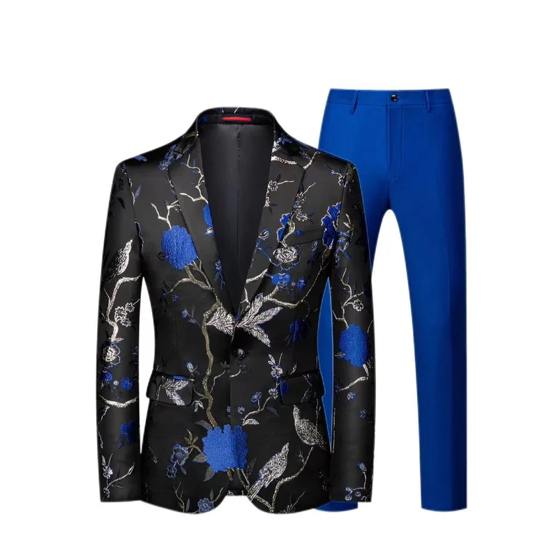 Herren Brokat-Sakko mit floralem Jacquard und Slim-Fit Anzughose Drune