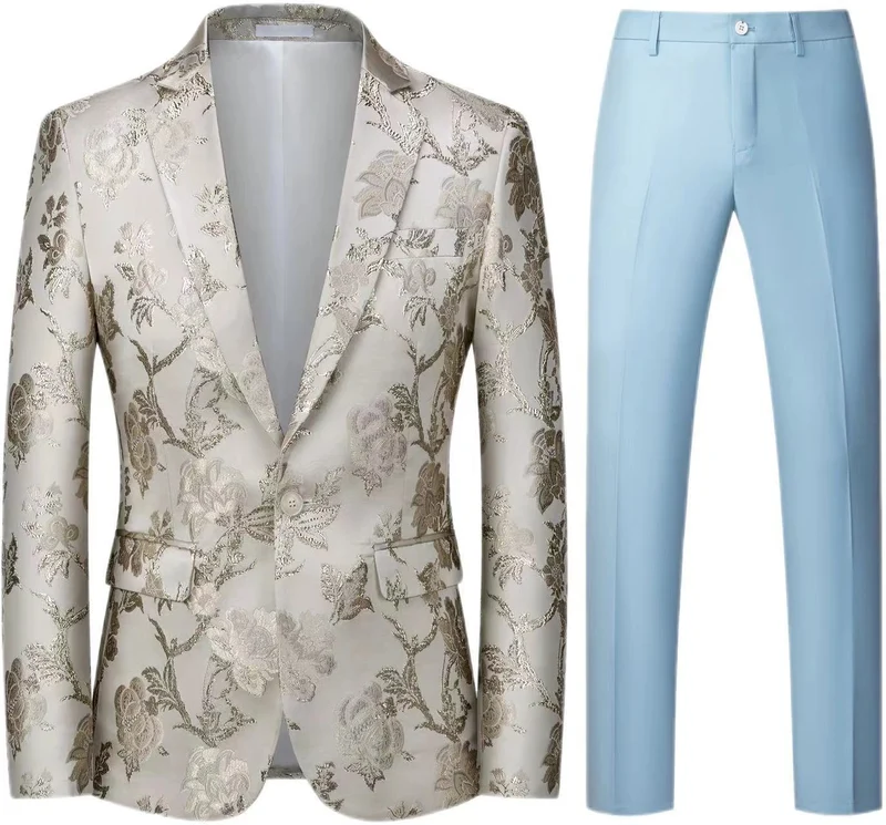 Herren Brokat-Sakko mit floralem Jacquard und Slim-Fit Anzughose Drune