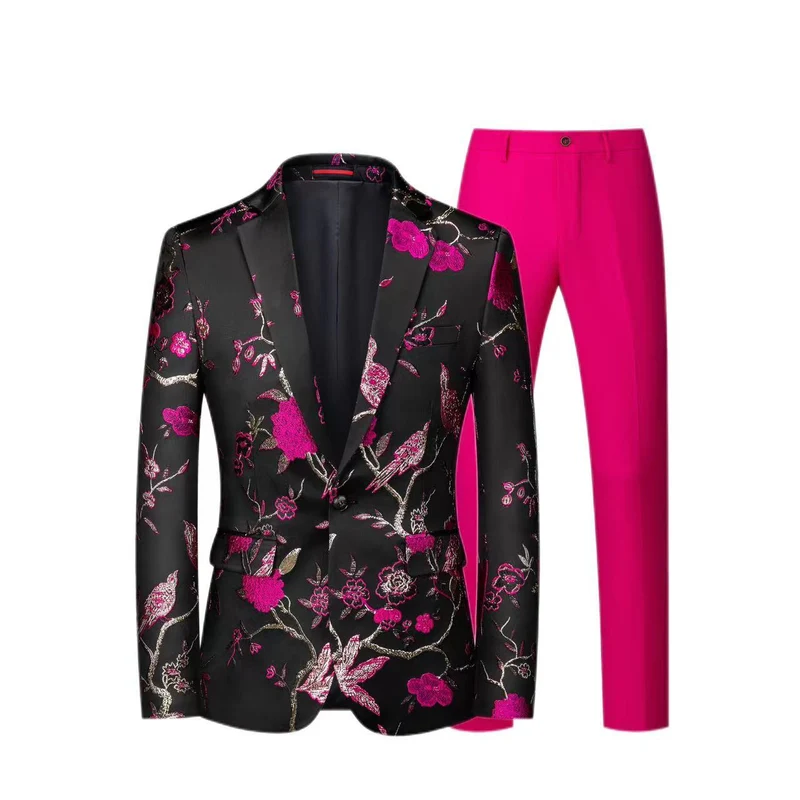 Herren Brokat-Sakko mit floralem Jacquard und Slim-Fit Anzughose Drune