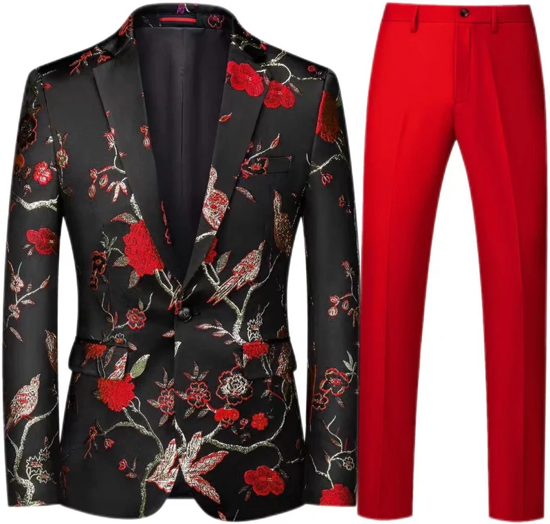 Herren Brokat-Sakko mit floralem Jacquard und Slim-Fit Anzughose Drune