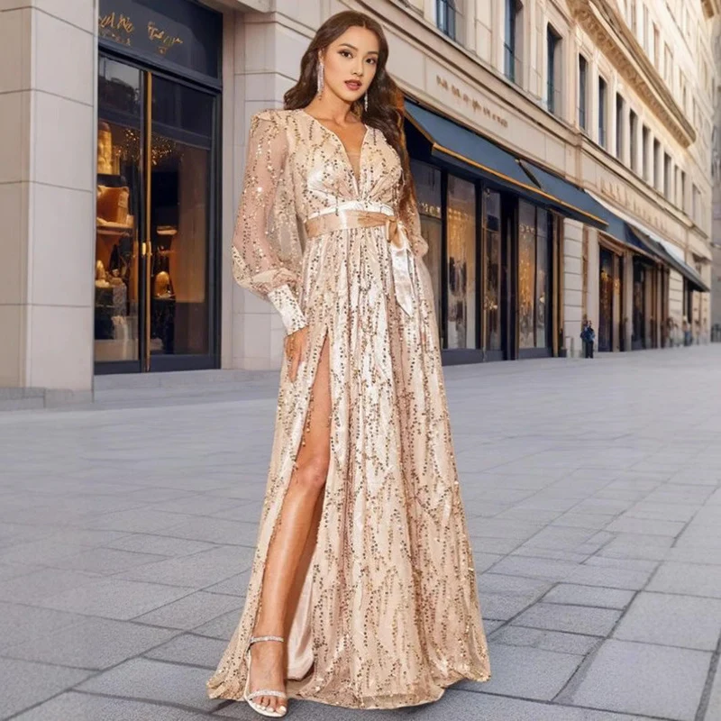 Damen Glamouröses Abendkleid mit schimmernden Pailletten und tiefem Schlitz Drune
