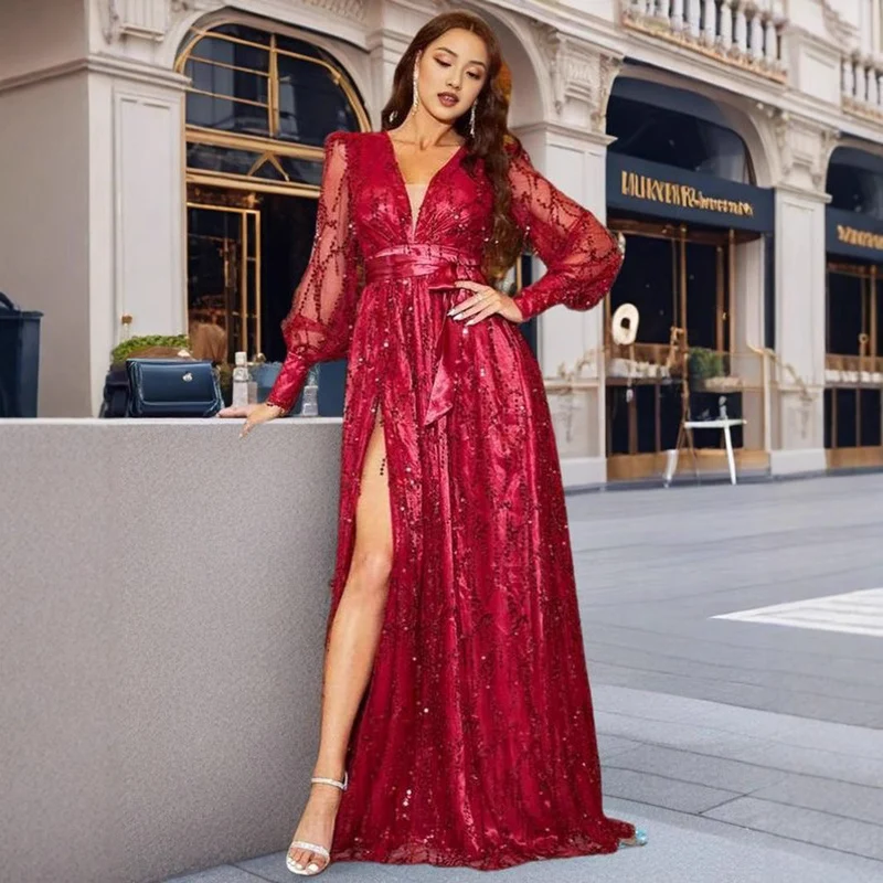 Damen Glamouröses Abendkleid mit schimmernden Pailletten und tiefem Schlitz Drune