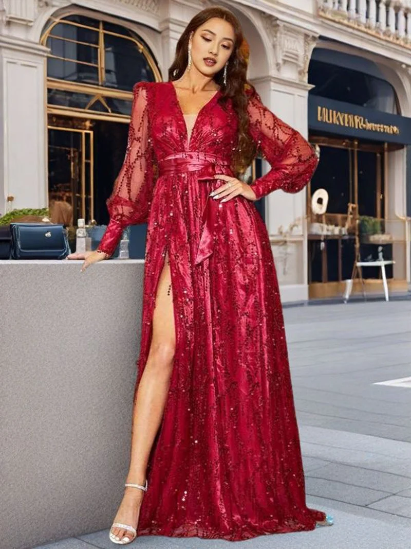 Damen Glamouröses Abendkleid mit schimmernden Pailletten und tiefem Schlitz Drune