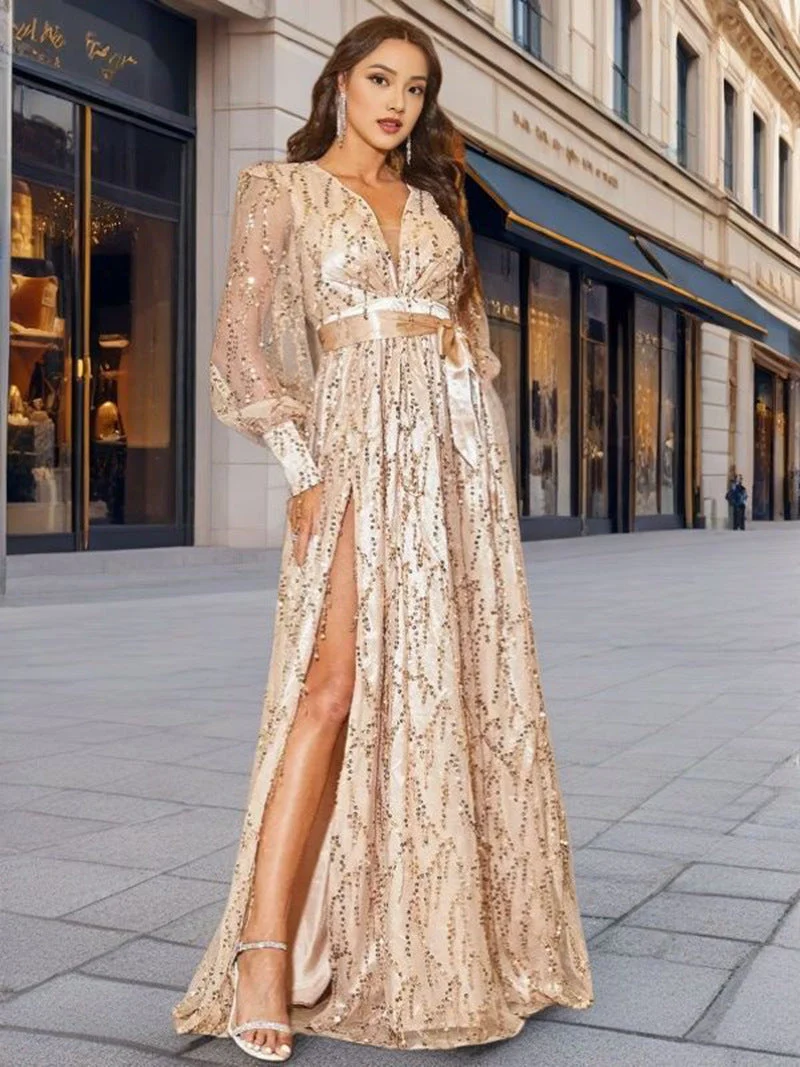 Damen Glamouröses Abendkleid mit schimmernden Pailletten und tiefem Schlitz Drune