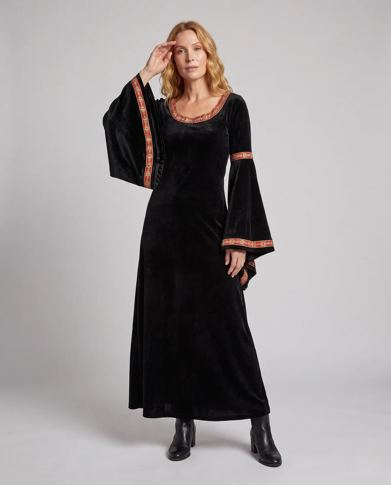 Damen Gothic Kostümkleid mit weit ausgestellten Ärmeln und Kapuze Drune