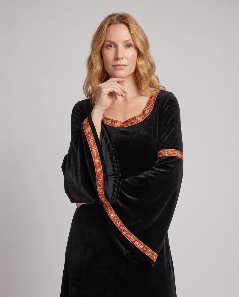 Damen Gothic Kostümkleid mit weit ausgestellten Ärmeln und Kapuze Drune
