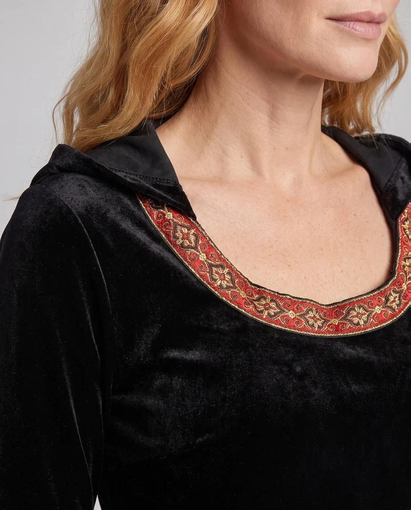 Damen Gothic Kostümkleid mit weit ausgestellten Ärmeln und Kapuze Drune