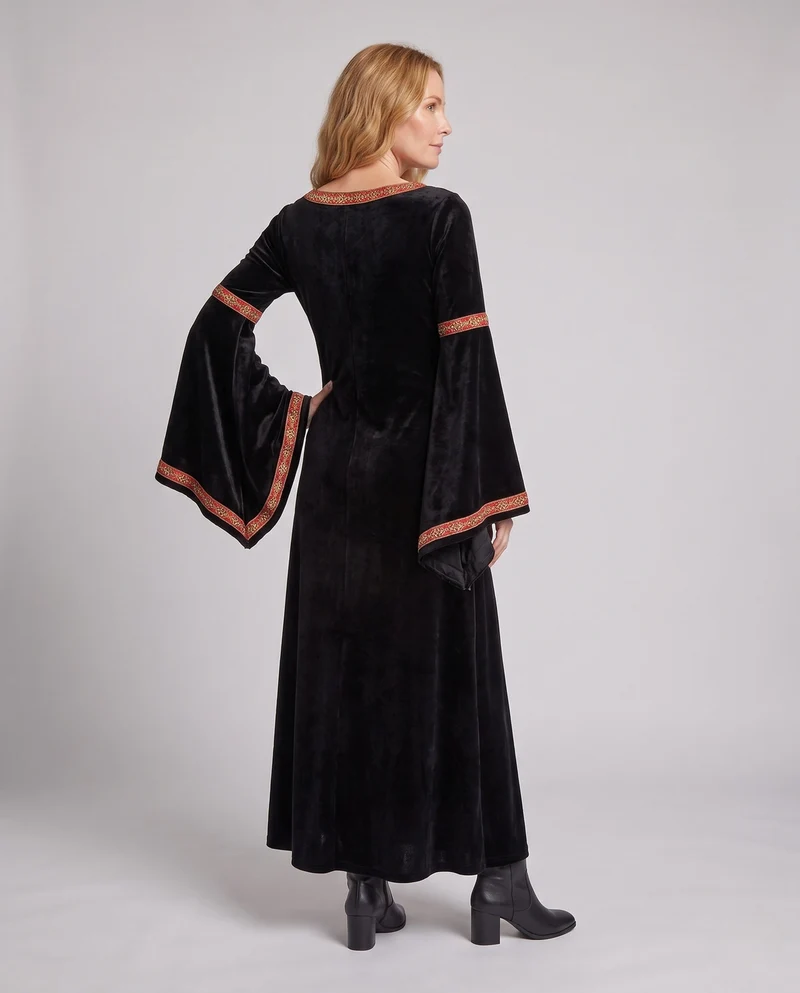 Damen Gothic Kostümkleid mit weit ausgestellten Ärmeln und Kapuze Drune