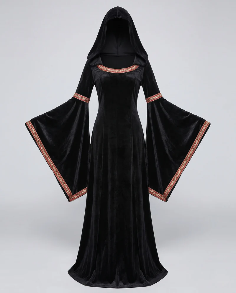 Damen Gothic Kostümkleid mit weit ausgestellten Ärmeln und Kapuze Drune