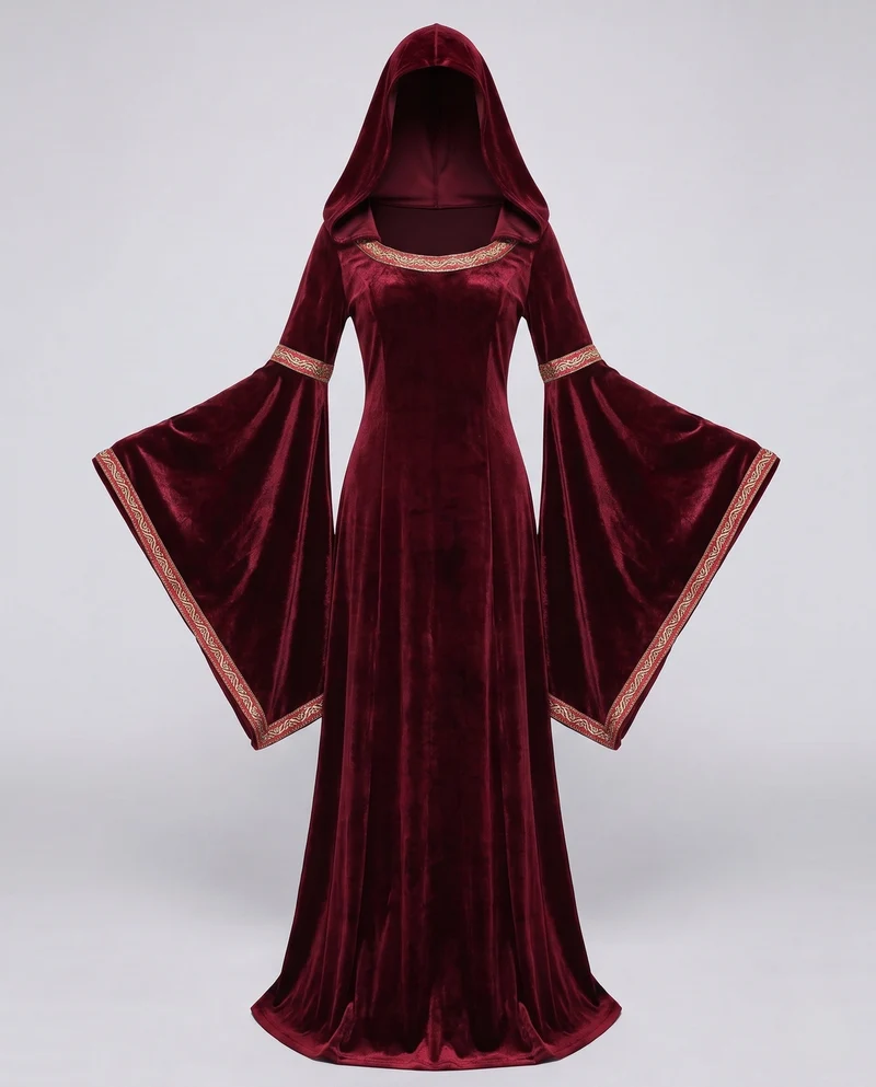 Damen Gothic Kostümkleid mit weit ausgestellten Ärmeln und Kapuze Drune