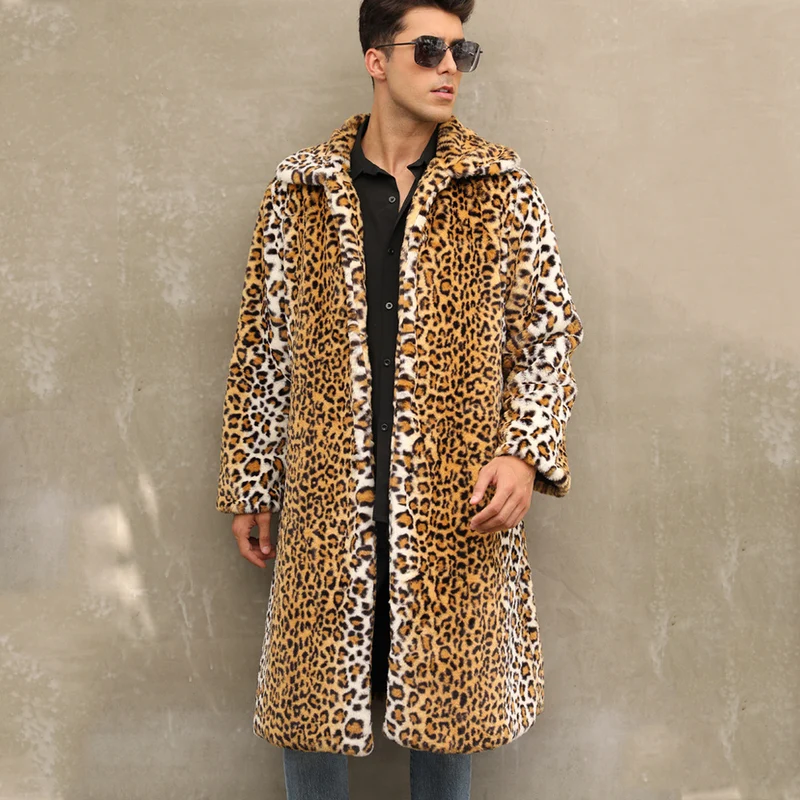 Herren Eleganter Kunstpelzmantel im Leopardenlook Drune