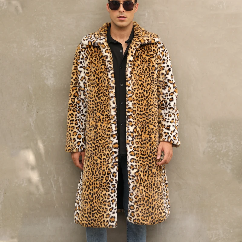 Herren Eleganter Kunstpelzmantel im Leopardenlook Drune