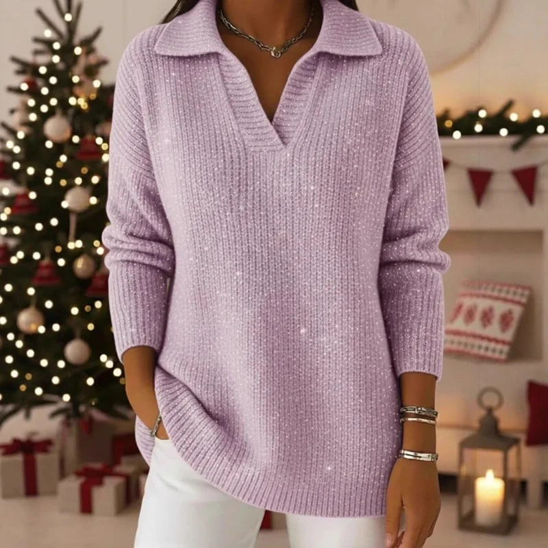 Damen schimmernder Strickpullover mit modernem Kragen Drune