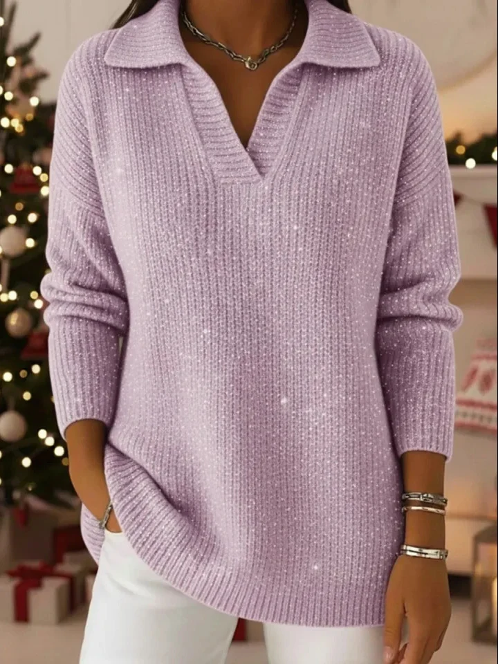 Damen schimmernder Strickpullover mit modernem Kragen Drune