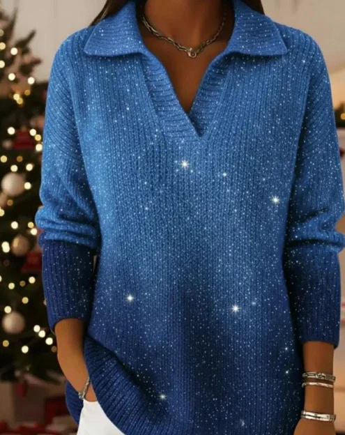 Damen schimmernder Strickpullover mit modernem Kragen Drune