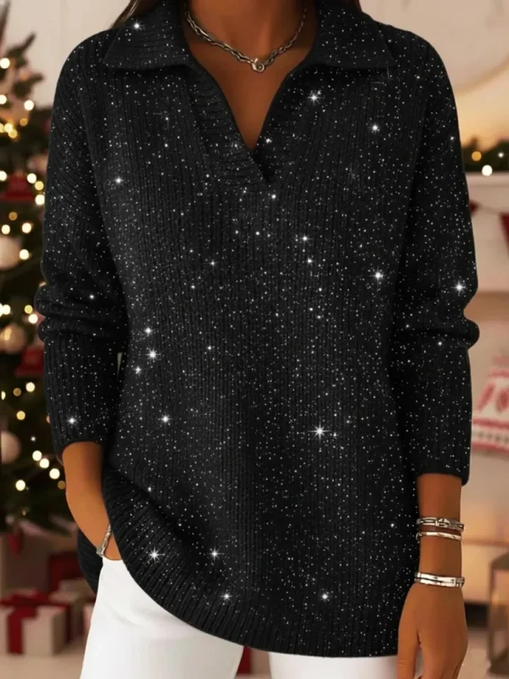 Damen schimmernder Strickpullover mit modernem Kragen Drune
