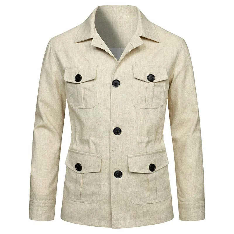 Herren Safari‑Leinenjacke mit vier aufgesetzten Pattentaschen Drune