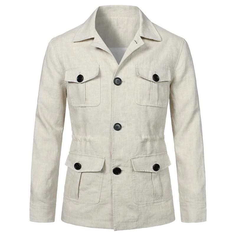 Herren Safari‑Leinenjacke mit vier aufgesetzten Pattentaschen Drune