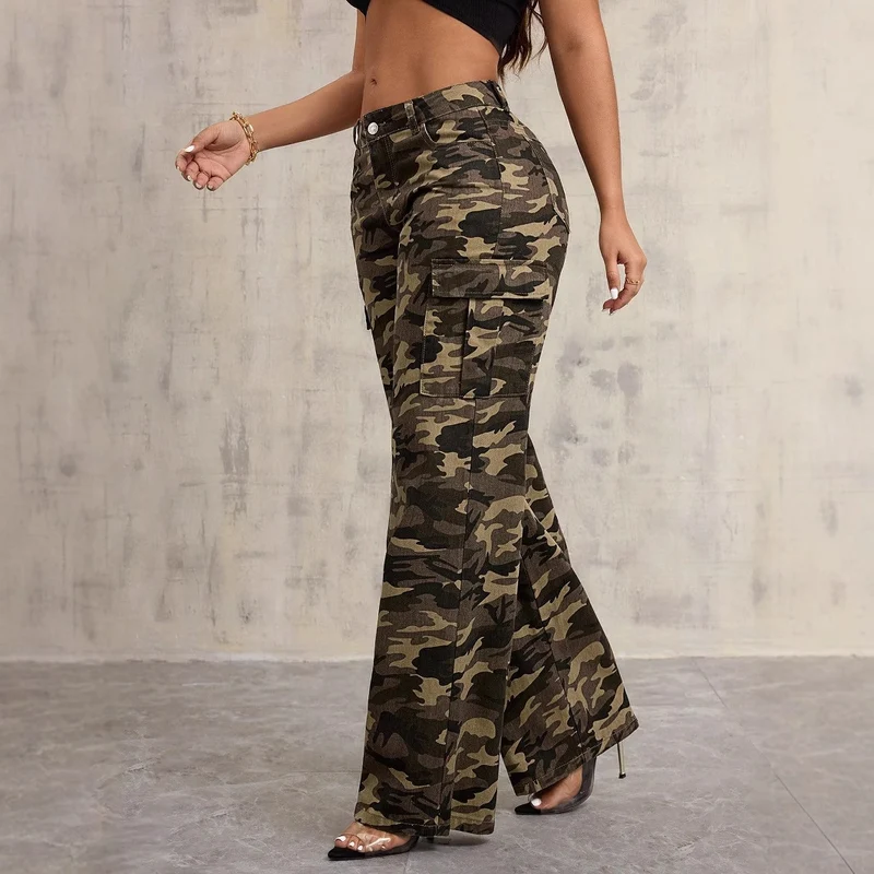 Damen Cargo-Hose im lässigen Camouflage-Design mit seitlichen Taschen und weitem Bein Drune