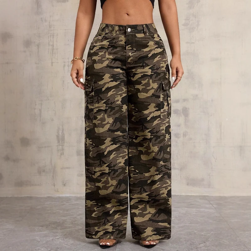 Damen Cargo-Hose im lässigen Camouflage-Design mit seitlichen Taschen und weitem Bein Drune