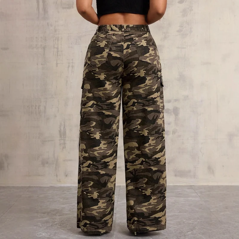 Damen Cargo-Hose im lässigen Camouflage-Design mit seitlichen Taschen und weitem Bein Drune