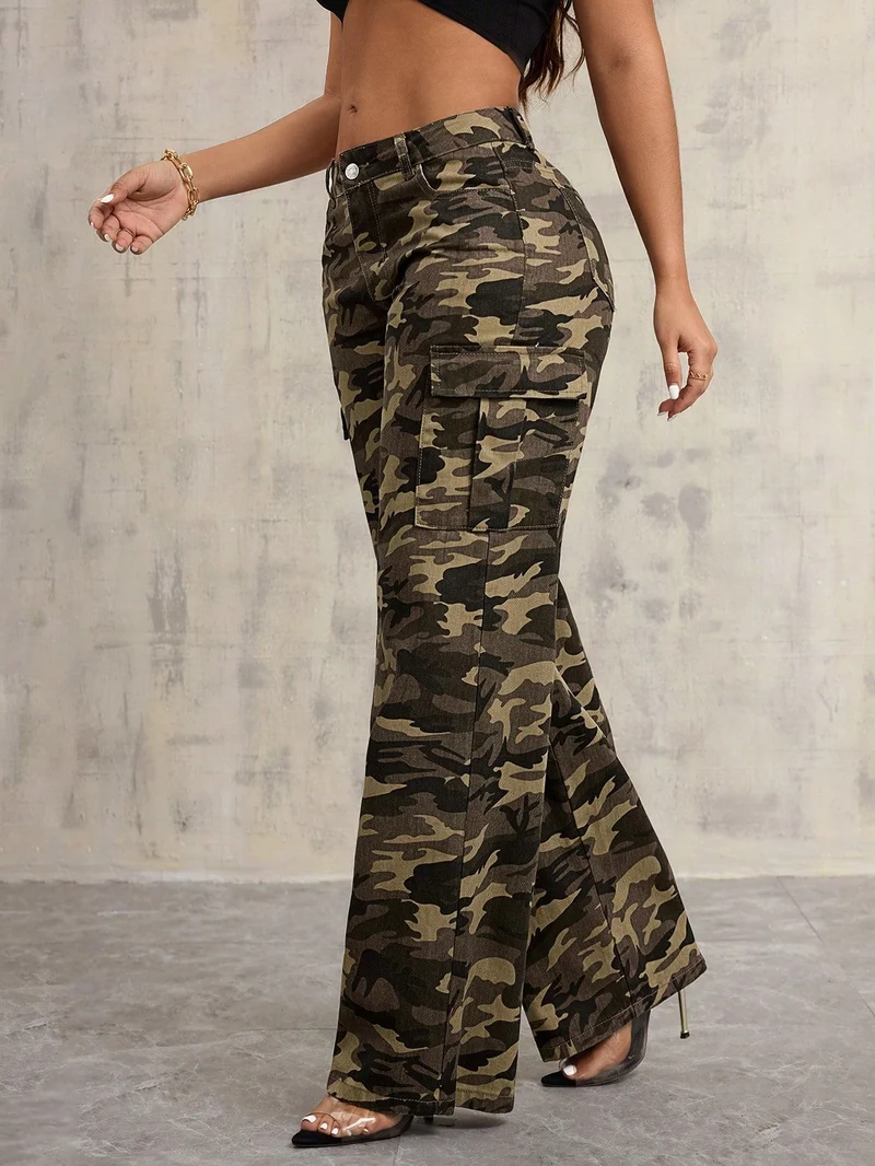 Damen Cargo-Hose im lässigen Camouflage-Design mit seitlichen Taschen und weitem Bein Drune