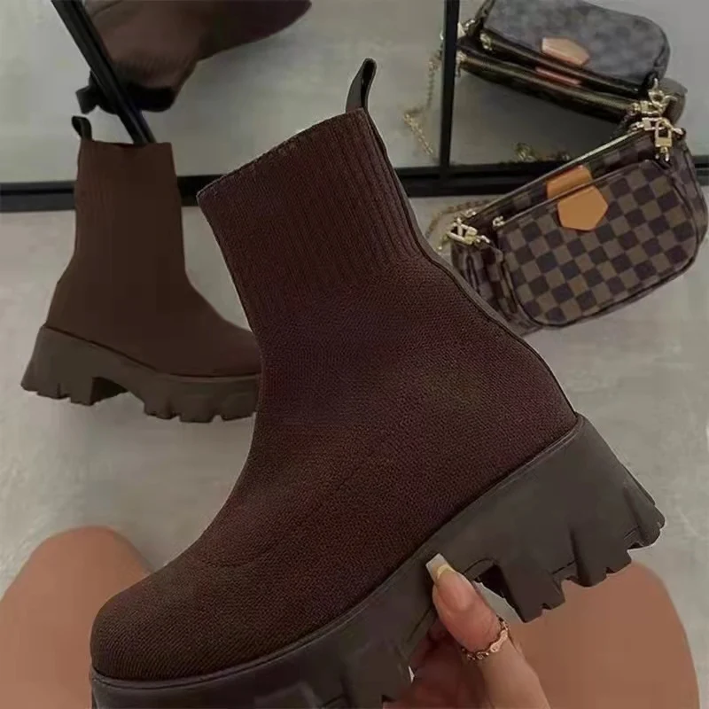 Damen Strick-Sock-Boots mit elastischem Schaft und kontrastierender Profilplateau-Sohle Drune