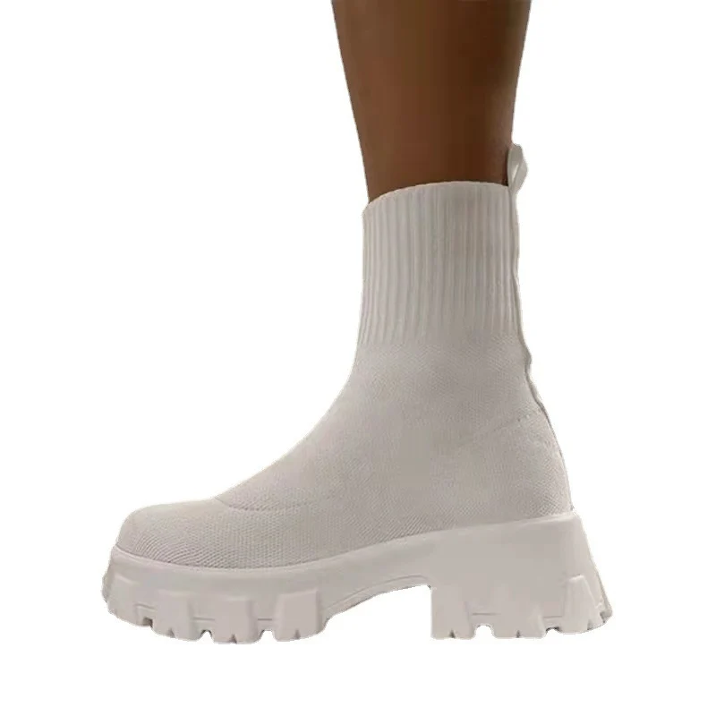 Damen Strick-Sock-Boots mit elastischem Schaft und kontrastierender Profilplateau-Sohle Drune
