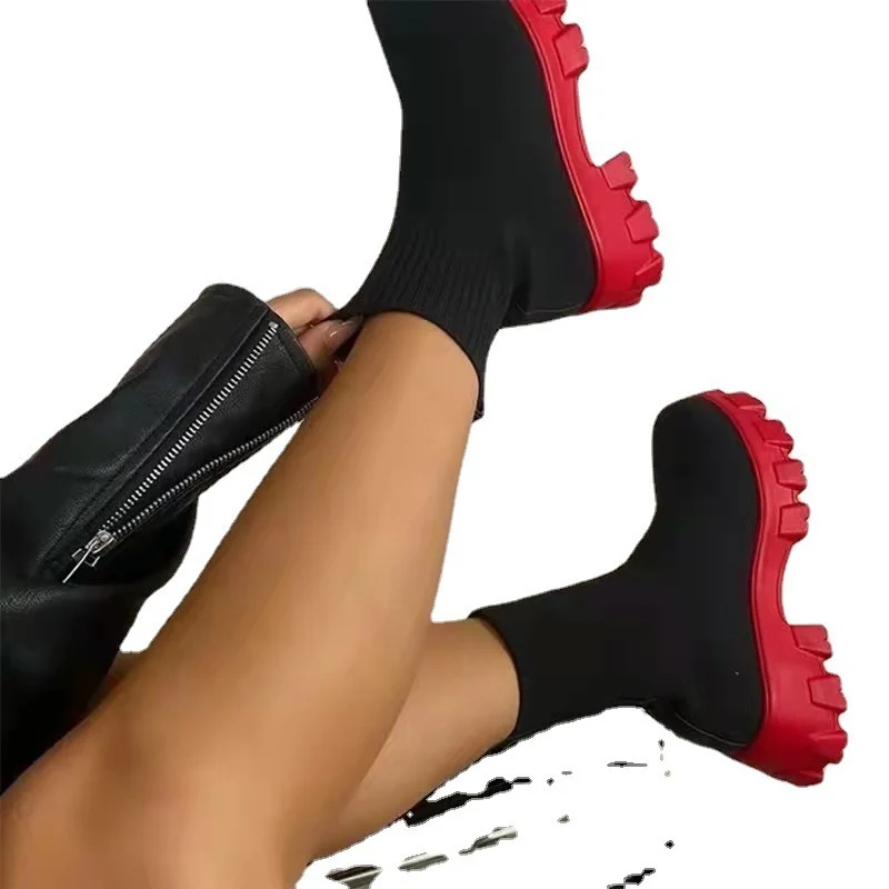 Damen Strick-Sock-Boots mit elastischem Schaft und kontrastierender Profilplateau-Sohle Drune
