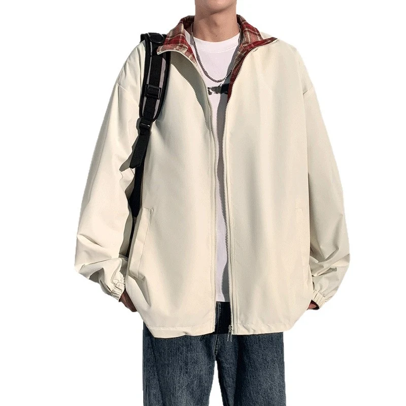 Herren Oversize‑Utility Übergangsjacke mit Reißverschluss und kontrastierendem Karo‑Innenkragen Drune