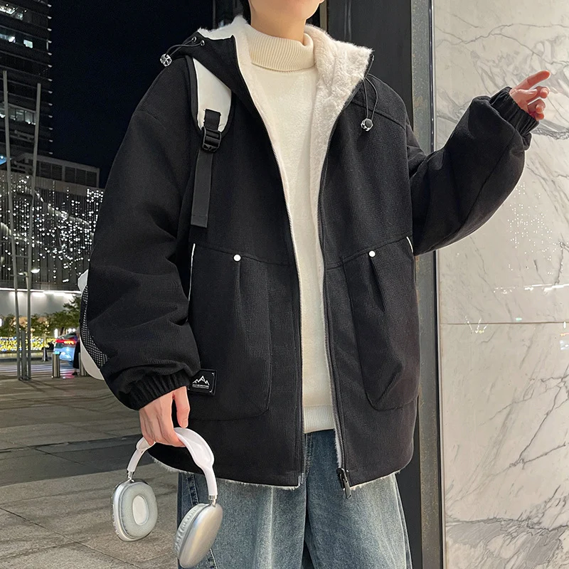 Herren Oversize Kapuzenjacke mit Teddyfutter, Zwei-Wege-Reißverschluss und Utility-Taschen Drune